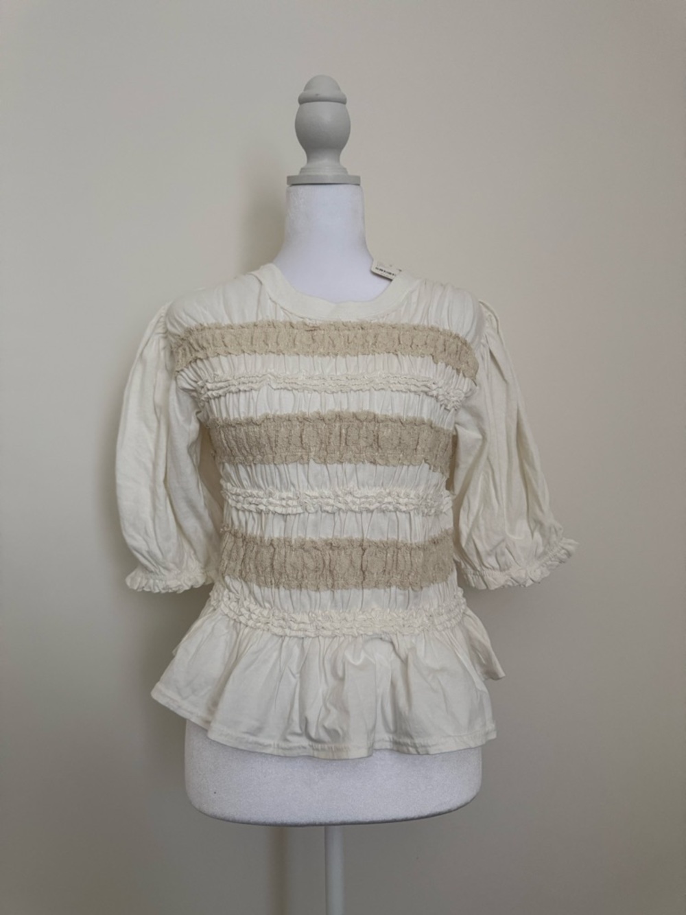 Free People Cream Textured Ruffle Peplum Blouse